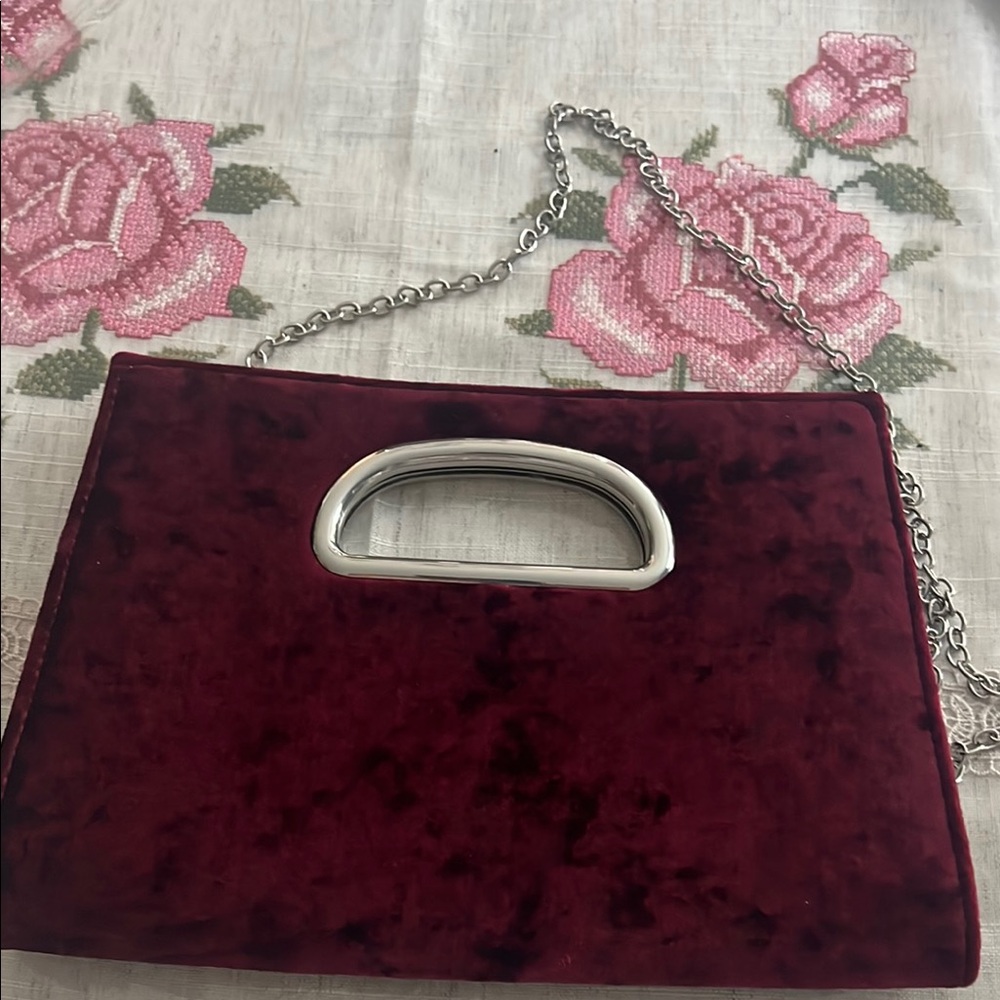 Red and Silver Velvet Clutch with Chain Strap